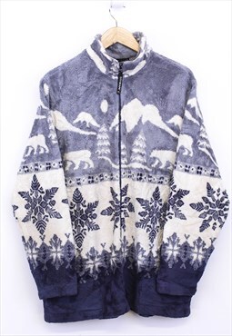 Vintage City Scape Winter Fleece Grey With Snowflake Pattern