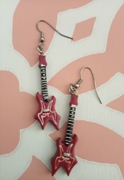 Small hand painted maroon/burgundy guitar dangle earrings