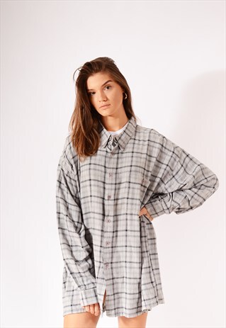 VINTAGE OVERSIZED CHECK FLANNEL SHIRT GREY