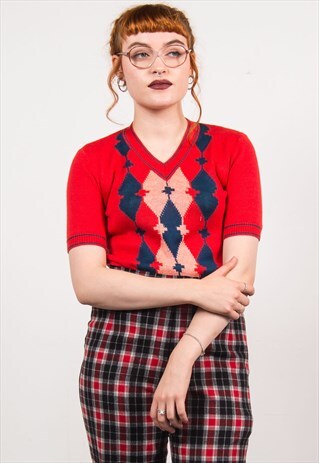 VINTAGE 90'S RED GEEK KNIT PATTERN TOP
