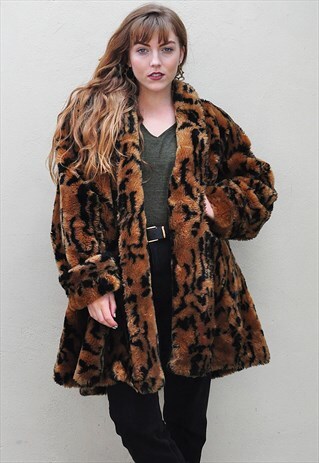 PREMIUM VINTAGE ANIMAL LEOPARD PRINT FAUX FUR COAT