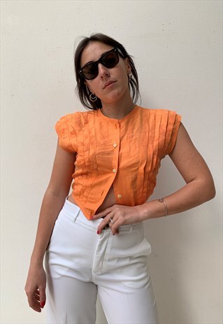VINTAGE 90S ORANGE CROP SHIRT WITH VERTICAL PLISSE