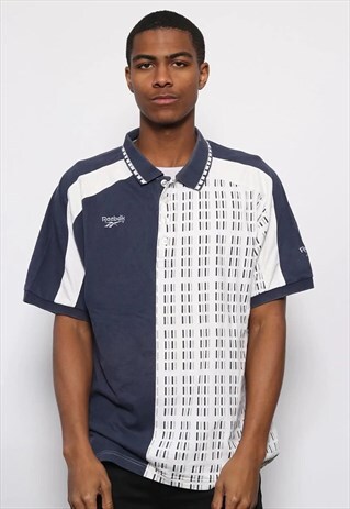 VINTAGE REEBOK LOGO PATTERN POLO SHIRT WHITE BLUE