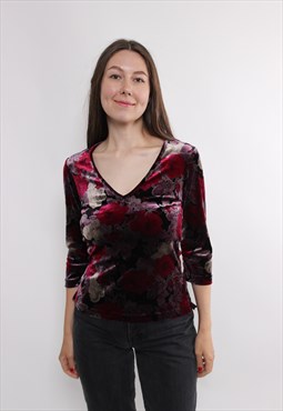 90s velvet blouse with flowers print, vintage v-neck top