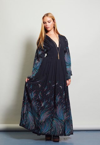 VINTAGE FLORAL BLACK MAXI 70'S SILK DRESS