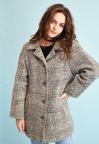 VINTAGE 70'S RETRO NEUTRAL TWEED WOOLLEN COAT