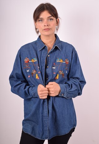 WOMENS VINTAGE DENIM SHIRT LARGE BLUE 90S
