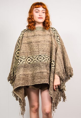 VINTAGE 70'S BROWN AZTEC PATTERN FRINGE PONCHO