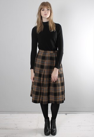 VINTAGE 80S BROWN TARTAN CHECK PLEAT WOOL KILT MIDI SKIRT