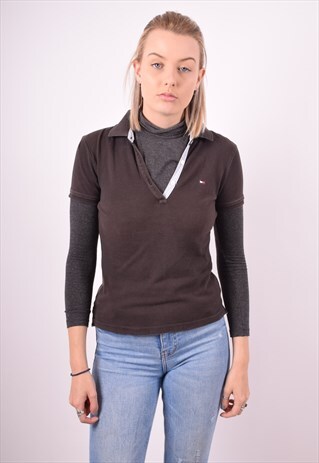 TOMMY HILFIGER WOMENS VINTAGE POLO SHIRT SMALL BROWN 90S