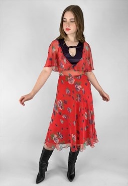 70's Vintage Xenoulla Red Caped Sheer Floral Midi Dress