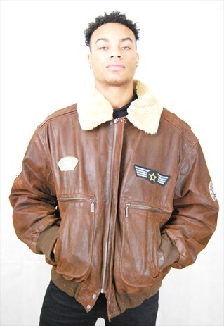 SHEARLING COLLAR LEATHER AVIATOR BOMBER JACKET