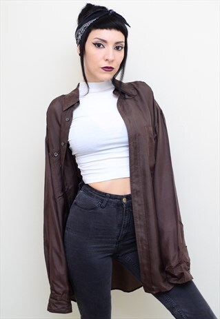 VINTAGE 90'S GENUINE SILK CHOCOLATE BROWN OVERSIZED SHIRT