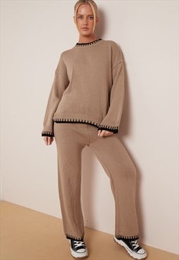 Beige Knitted Jumper And Trousers Co-Ord 