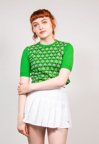 70'S VINTAGE GREEN MOSAIC PATTERN KNIT TOP