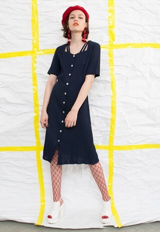 VINTAGE DARK BLUE 90S BUTTON UP MIDI DRESS