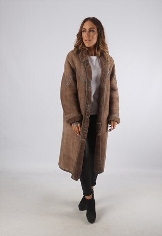 VINTAGE SHEEPSKIN SUEDE SHEARLING COAT LONG UK L 14 (K9CA)