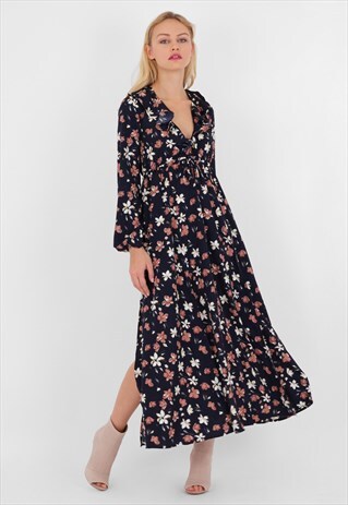 FLORAL V NECK DOUBLE SPLIT MAXI DRESS