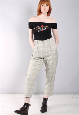 VINTAGE 80S GREY CHECK PLEAT FRONT CROPPED TROUSERS