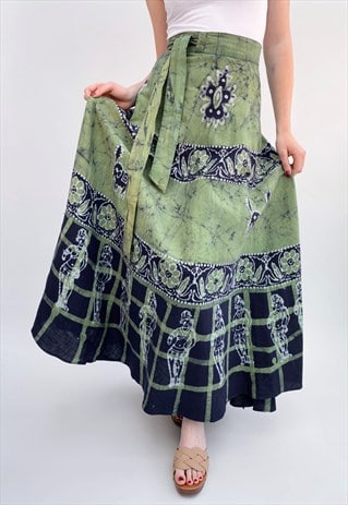1970's Vintage Green Blue Batik Print Long Maxi Skirt Wrap
