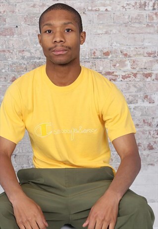 VINTAGE CHAMPION BIG LOGO SPELLOUT T-SHIRT YELLOW