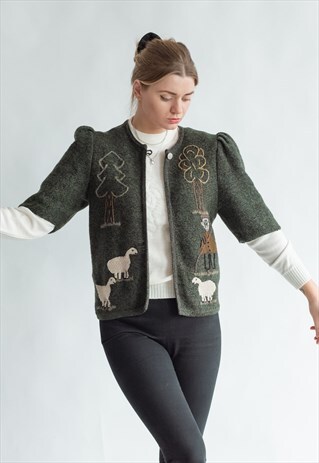 VINTAGE 60S QUIRKY CROPPED CARDIGAN WITH COUNTRYSIDE PATTERN