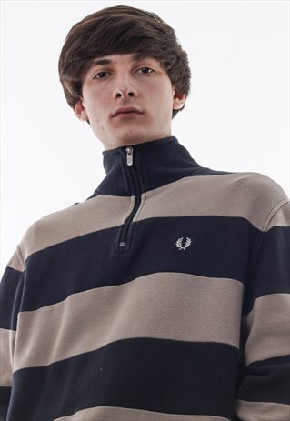 VINTAGE FRED PERRY PULLOVER SWEATER 90S NAVY BLUE BEIGE