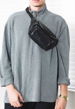 VINTAGE BLACK LEATHER CROSS BODY BUM BAG 90S X 11.2