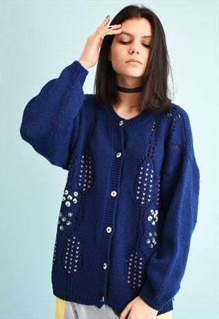 90'S RETRO NAVY BLUE EMBROIDERED MOMS KNIT CARDIGAN