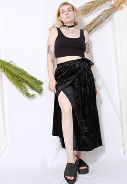 Vintage 90s grunge 80s goth black velvet wrap midi skirt