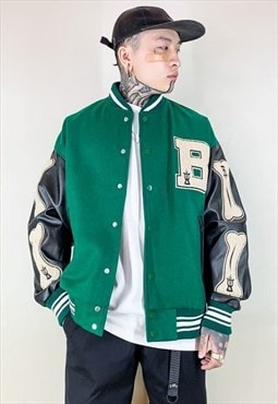 Bones varsity jacket faux leather sleeve MA bomber in green