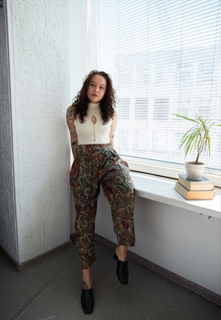 VINTAGE 70'S KHAKI PAISLEY PRINT BOHEMIAN TROUSERS