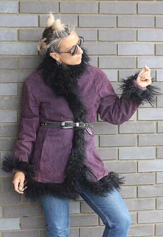 VINTAGE 1970S FAUX MONGOLIAN FUR PURPLE SUEDE JACKET