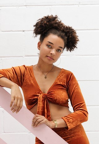 BURNT ORANGE FLOWER WRAP TOP