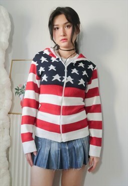 Vintage Y2K USA Flag Knit Hoodie