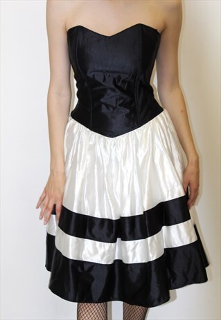 VINTAGE 80S BLACK WHITE SATIN EVENING PROM EVENING DRESS