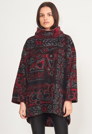 VINTAGE GREY RED HIGH NECK FLEECE WINTER SWEATSHIRT