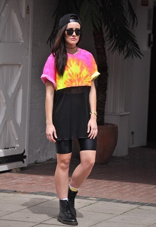 OVERSIZE BOYFRIEND TIE DYE MESH SHEER CROP TSHIRT DRESS TOP