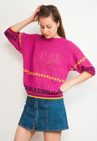 80'S VINTAGE SHORT SLEEVE COTTON KNIT FUCHSIA TOP