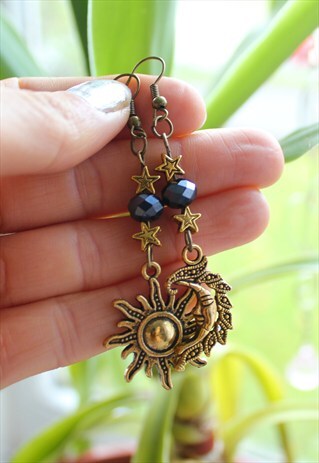 HANDMADE GOLD MISMATCH CELESTIAL EARRINGS SUN MOON
