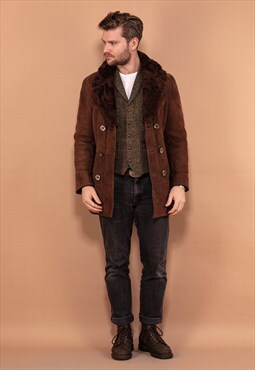 Vintage 70's Men Double Breasted Sheepskin Coat in Brown