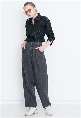 VINTAGE GREY WIDE LEG HIGH WAIST RETRO DENIM JEANS