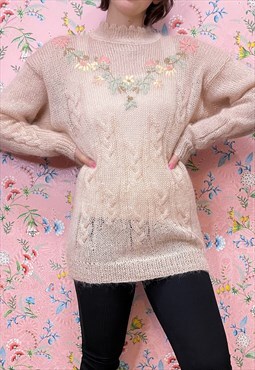 Vintage 80s pullover jumper sweater mohair pink embroided 