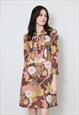 60'S VINTAGE LADIES DRESS PUSSY BOW FLORAL LONG SLEEVE MINI