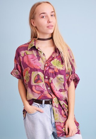 90'S RETRO ABSTRACT FLORAL PRINT OVERSIZED SHIRT BLOUSE TOP