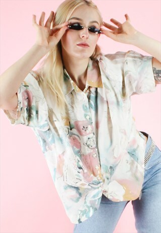 VINTAGE 90S SHIRT FLORAL PASTEL Y2K CREAM PINK FESTIVAL