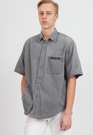 VINTAGE GREY HARLEY DAVIDSON SHORT SLEEVE DENIM SHIRT
