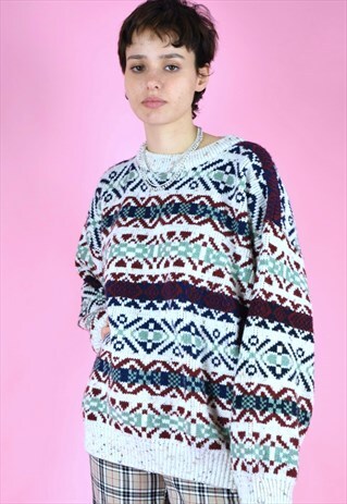 VINTAGE 90S KNIT JUMPER STRIPED GEOMETRIC PATTERN SWEATER