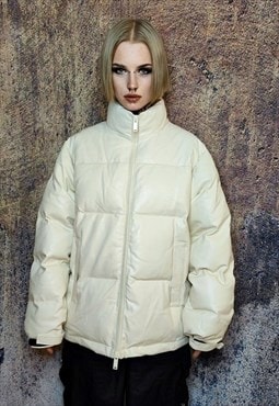 Faux leather quilted bomber rubber feel padded jacket cream