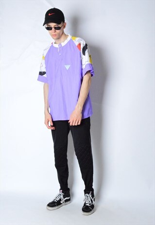 VINTAGE 80S PURPLE ABSTRACT 1/4 BUTTON SHELL T-SHIRT